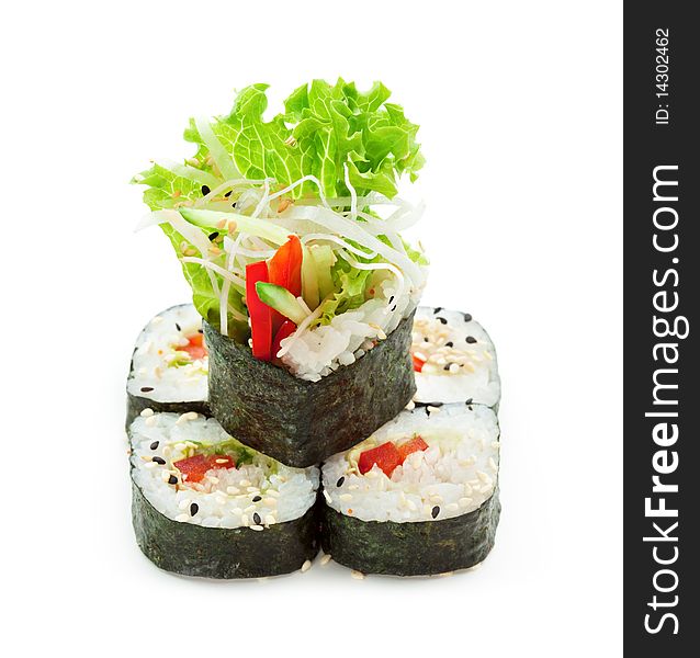 Vegetarian Maki Sushi - Roll made of Cucumber, Bell Pepper, Salad Leaf and Daikon (white radish). Vegetarian Maki Sushi - Roll made of Cucumber, Bell Pepper, Salad Leaf and Daikon (white radish)