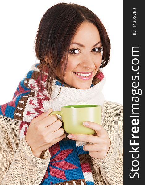 Young beautiful woman in warm scarf with a cup of tea. Young beautiful woman in warm scarf with a cup of tea