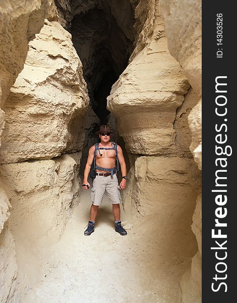 Man with backpack. Negev desert. Israel