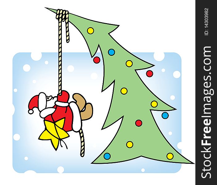 Santa decorates a Christmas tree. Vector illustration.