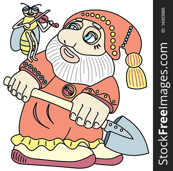 Good gnome with a shovel. Vector illustration.