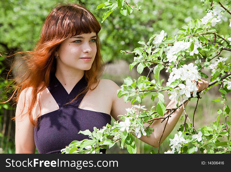Young Woman In Blooming Garden