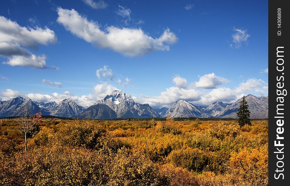 Grand Teton national Park with blue sky's and puffy clouds