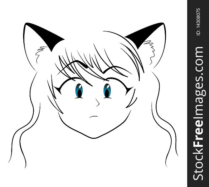 Neko girl with big blue eyes. Black and white sketch. Neko girl with big blue eyes. Black and white sketch