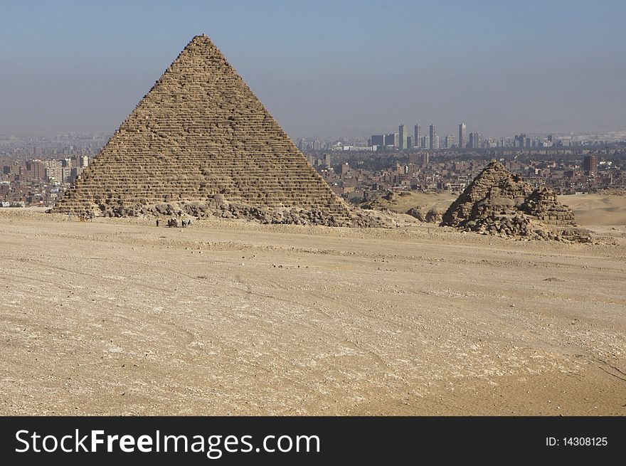 The Pyramid of Menkaure is the smallest of the 3 main Pyramids on the Giza Plateau. Also in this picture are the pyramids of the Queens. You can also see how close to Cairo the Pyramids of Giza actually are.