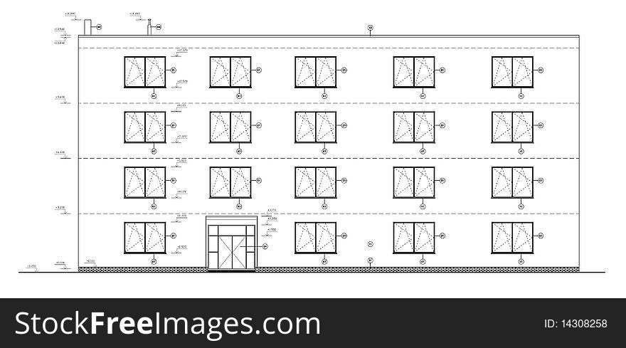 Construction drawing of a small administration building. Black and white illustration