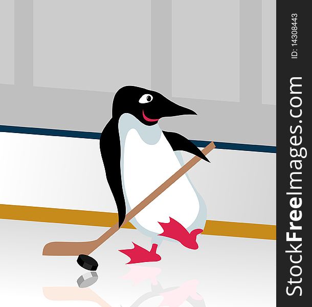 Penguin on a skating rink with a stick and a washer. A illustration. Penguin on a skating rink with a stick and a washer. A illustration
