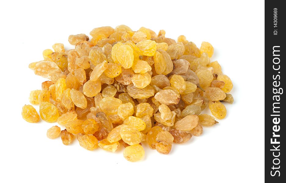 Yellow raisins isolated on white background