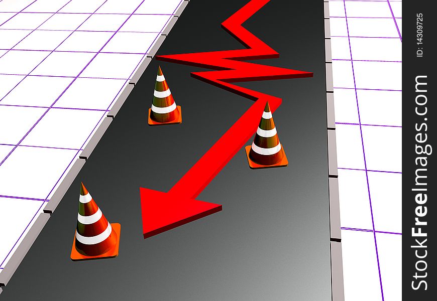 Precautionary cones, road and arrow on checkered background. Precautionary cones, road and arrow on checkered background.