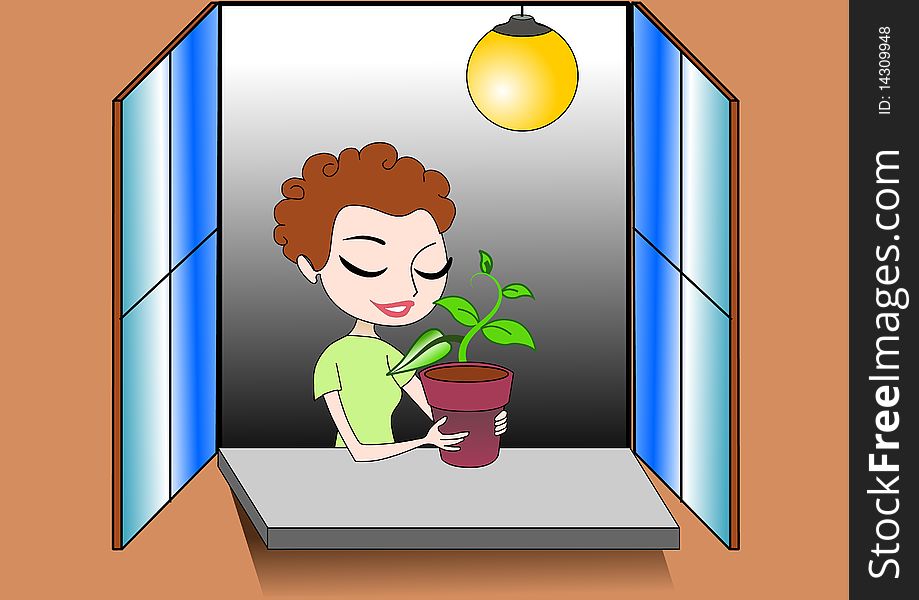 Illustration Of Girl Keeping A Plant In A Pot