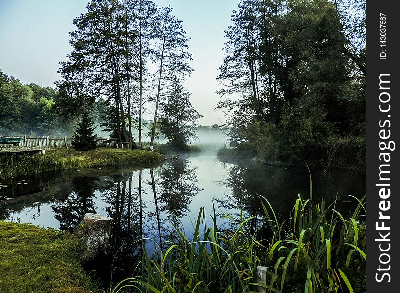 Photo of a pond located in a public park. Dawn. Fog