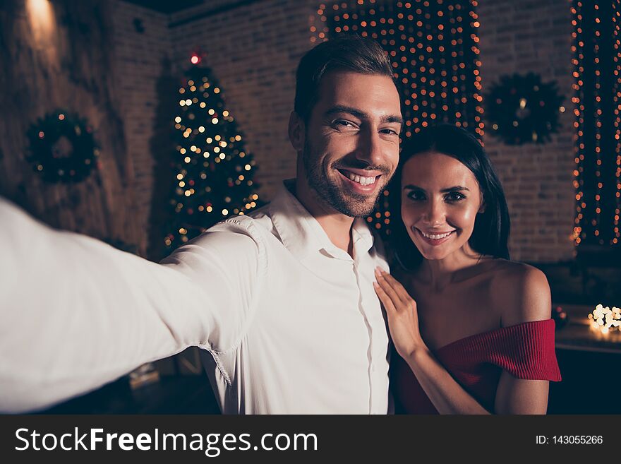 Careless, carefree, good-looking men in formal wear make selfie with beautiful, sweet, charming, attractive, cute, elegant, gorgeous lady in red trendy stylish dress on smartphone make beaming smile. Careless, carefree, good-looking men in formal wear make selfie with beautiful, sweet, charming, attractive, cute, elegant, gorgeous lady in red trendy stylish dress on smartphone make beaming smile