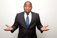 Free African American Business Man With Both Hands Signaling Confusion Royalty Free Stock Images - 143094659