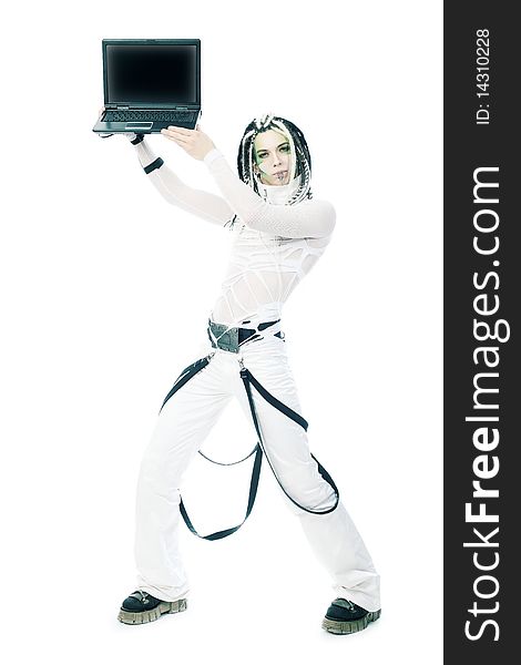 Shot of a futuristic young man with wires holding a laptop. Isolated over white background. Shot of a futuristic young man with wires holding a laptop. Isolated over white background.