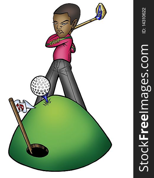 Cartoon character of a young man tee-ing of on the green swinging his golf club. Cartoon character of a young man tee-ing of on the green swinging his golf club.