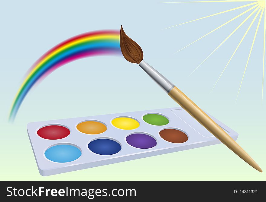 Brush moves along sky above colour-box and leave rainbowed trace. Vector illustration. Brush moves along sky above colour-box and leave rainbowed trace. Vector illustration