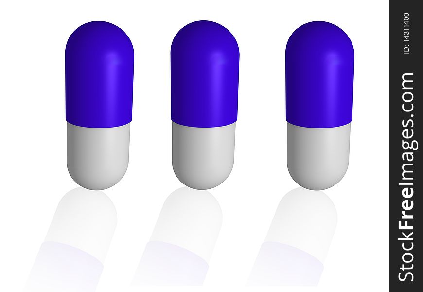 three blue 3d capsules mirrored. three blue 3d capsules mirrored
