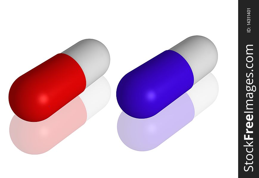Two 3d capsules, one red and one blue. Two 3d capsules, one red and one blue