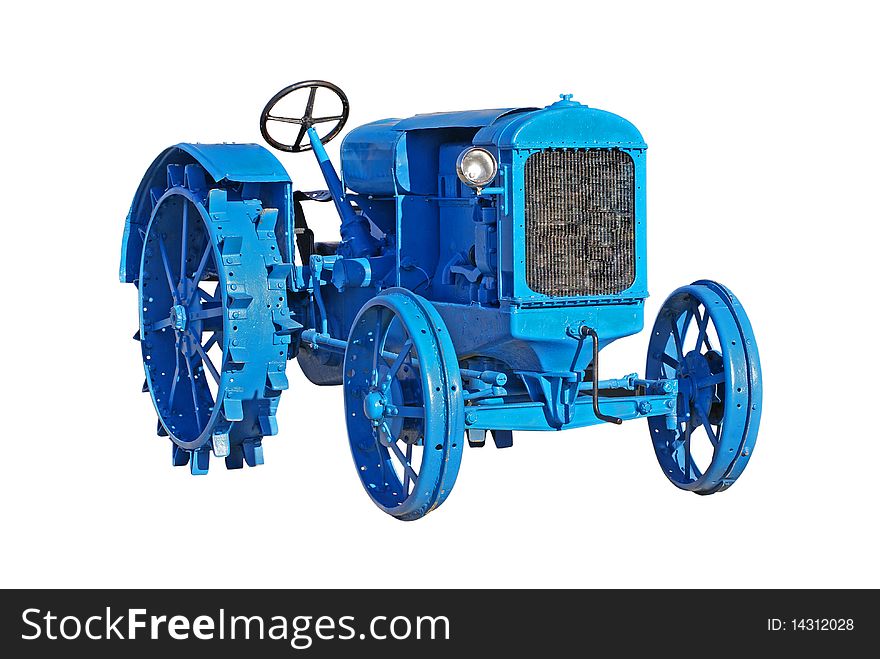 Old blue tractor isolated on white background