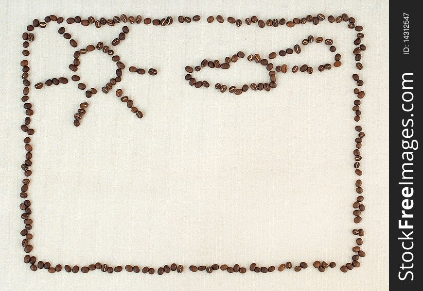 Message board, frame of coffee bean, image of sun and clouds