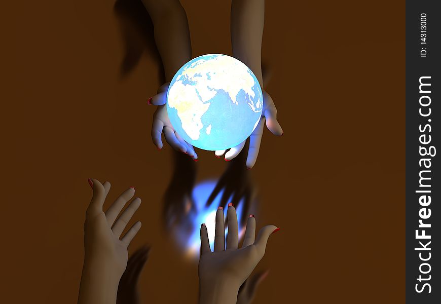 Two hands that transmit blue Glowing Globe. On dark background. Two hands that transmit blue Glowing Globe. On dark background