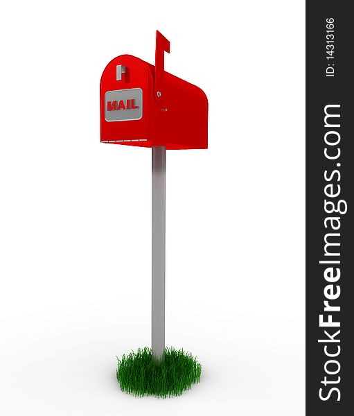 A standard red mailbox with mail and flag isolated over white. A standard red mailbox with mail and flag isolated over white