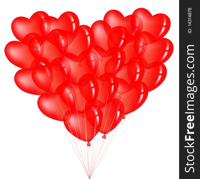 Bunch Of Red Heart Shape Balloons, Isolated On White. Bunch Of Red Heart Shape Balloons, Isolated On White
