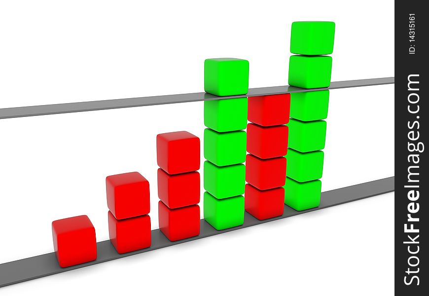 Green and red 3D statistic chart graph isolated on white