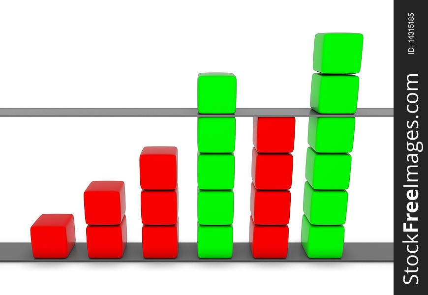 Green and red 3D statistic chart graph isolated on white