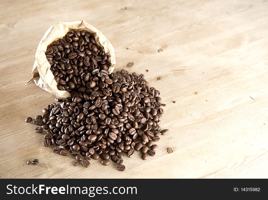 Close up, a bag of coffee beans, with shallow depth of field