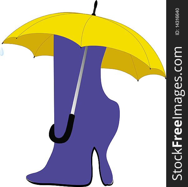 A knee-boot under an umbrella from which is rolled drop raining