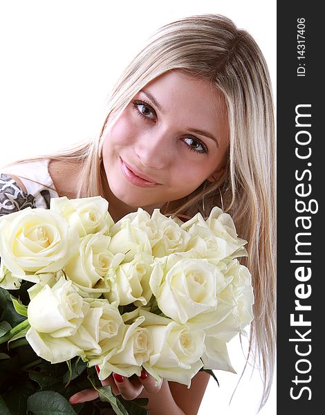 Image of attractive girl with bunch of flowers