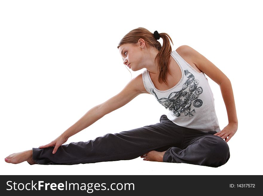 Image of a girl making stretching on white