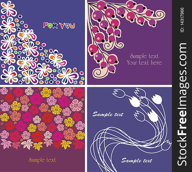 Four postcards with Flowers on violet backgrounds. Vector illustration. Four postcards with Flowers on violet backgrounds. Vector illustration.