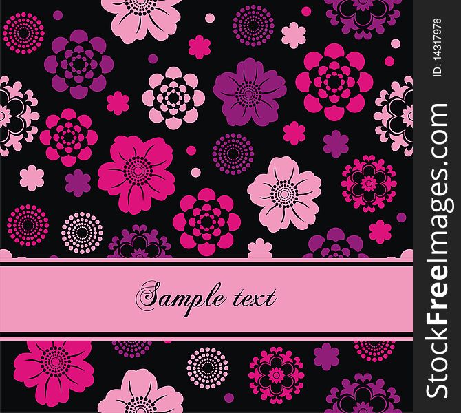 Postcard with pink flowers on black background. Vector illustration.