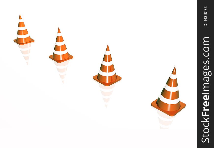 Precautionary cones arranged along the line, white reflective background.