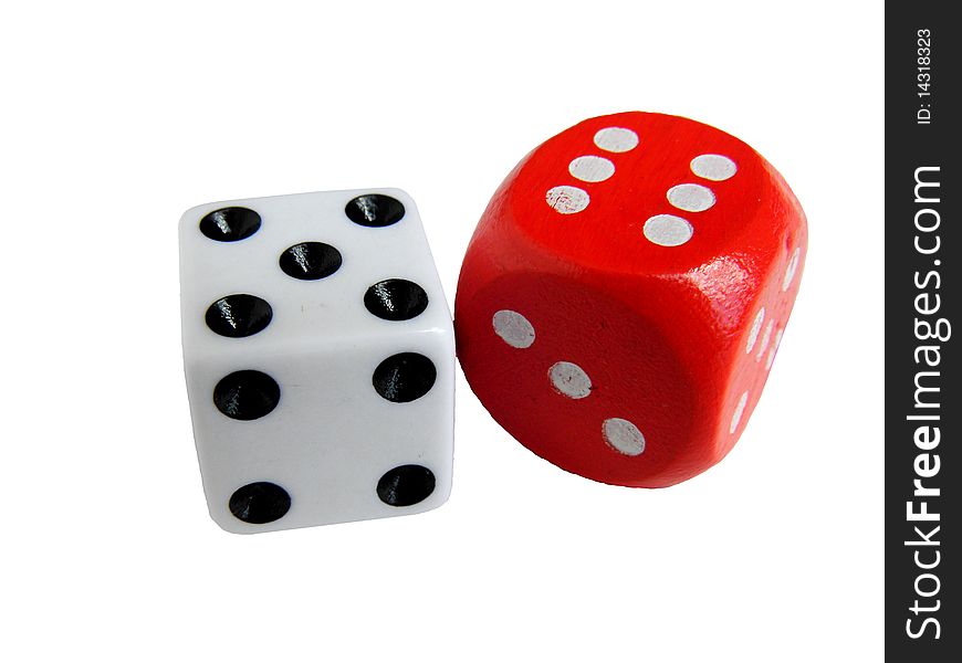 Two blocks to play social games. One is white with black markings, the other is red with white markings. On a white background. Two blocks to play social games. One is white with black markings, the other is red with white markings. On a white background.