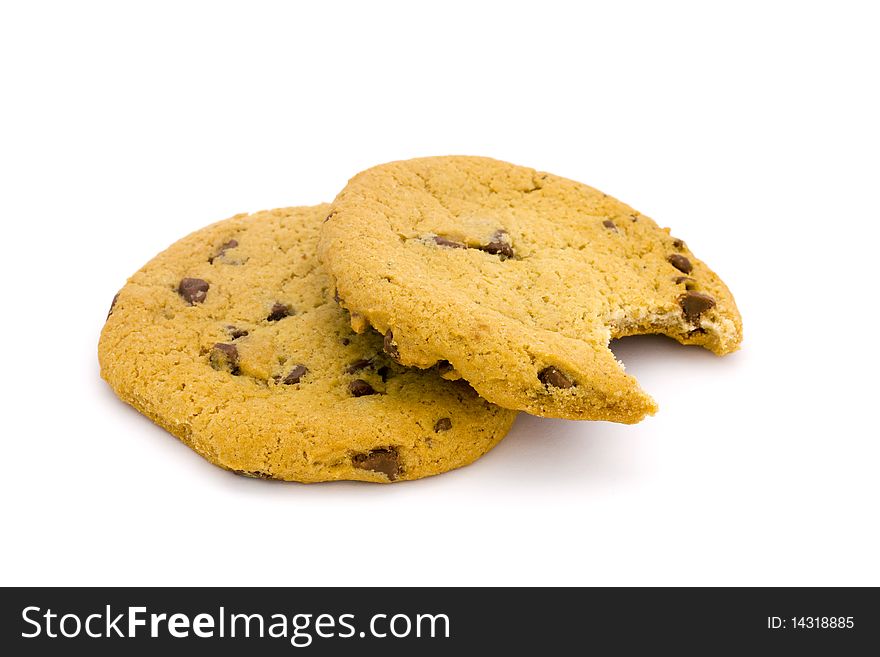 Two Chocolate Chip Cookies With Bite Taken