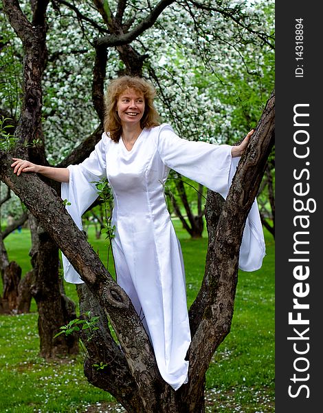 The blonde girl in white dress standing on apple-tree with white flowers. The blonde girl in white dress standing on apple-tree with white flowers