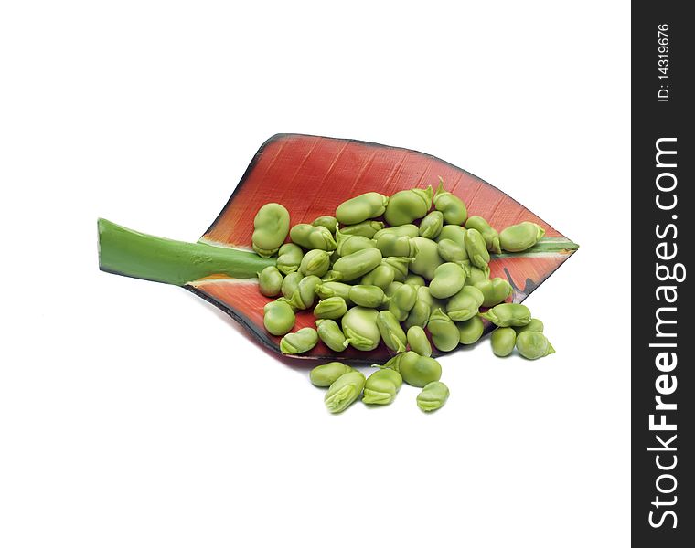 Container-shaped leaf with broad beans shelled