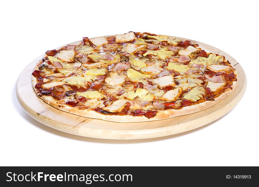 Ham and pineapple pizza on white ground