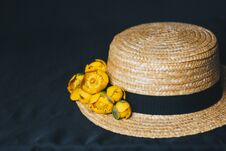 Bouquet Of Yellow Waterlily Flower With Green Leaf. Freshly Ripped Up. In A Straw Hat. Close Up On Black Background Of Fabric. Stock Photography
