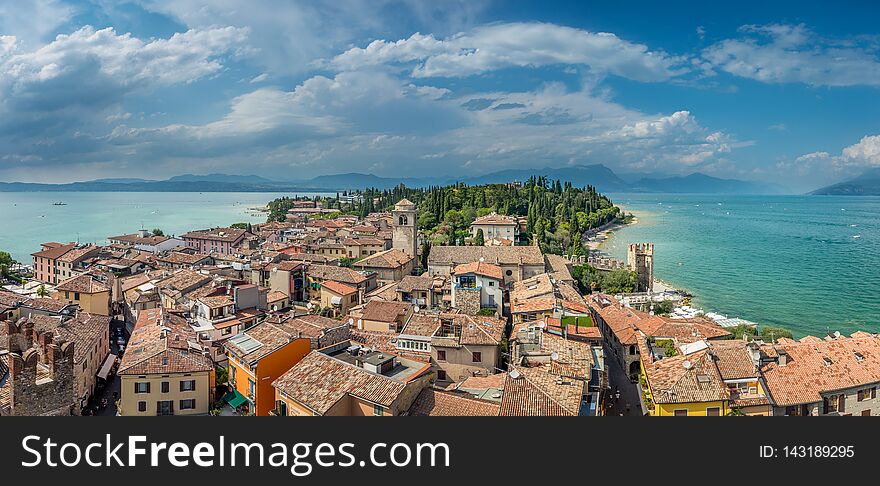 View at the buildings in Sirmione village by the Lake Garda in Italy