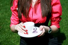 Young Businesswoman Holding White Cup Stock Photo Young Businesswoman Holding White Cup Stock Photo