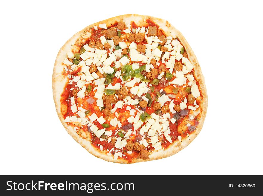Uncooked beef,pepper and onion pizza isolated on white. Uncooked beef,pepper and onion pizza isolated on white