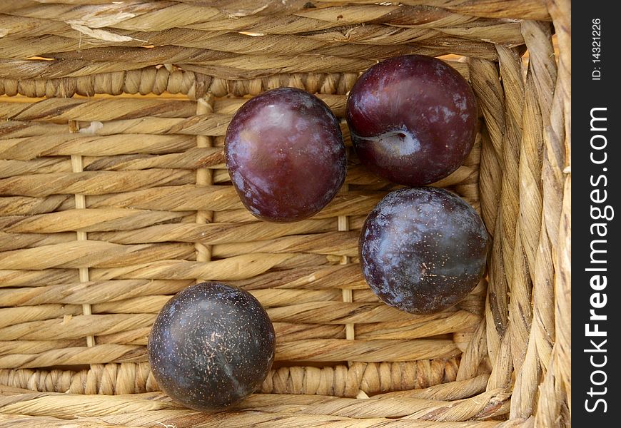 Four plums in a basket