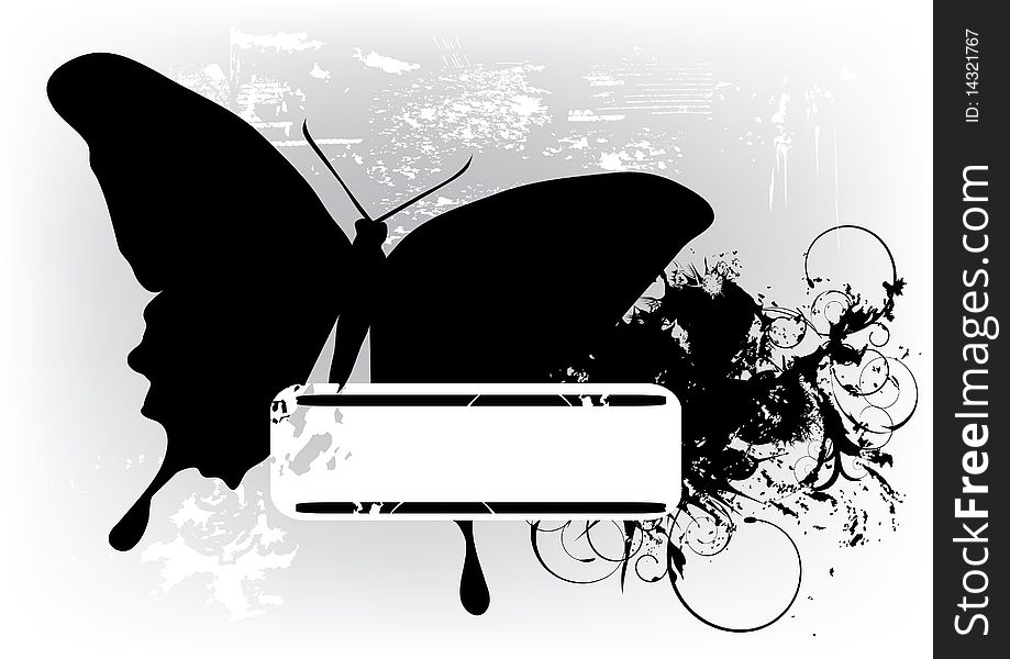 Black butterfly on grunge background with place for text