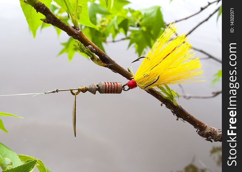 Spinner fishing lure stuck in branch of sweet gum tree during casting. Spinner fishing lure stuck in branch of sweet gum tree during casting.