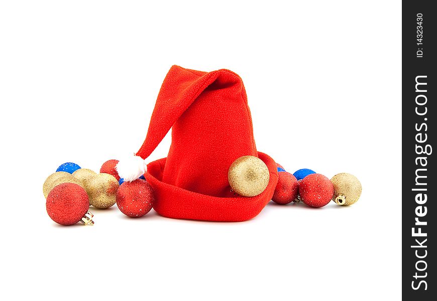 Christmas red cap and Christmas-tree decorations