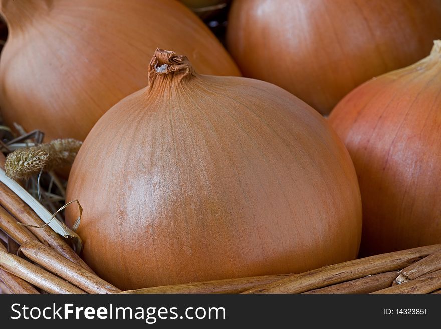 Brown onions on a bed of hay in a basket. Brown onions on a bed of hay in a basket